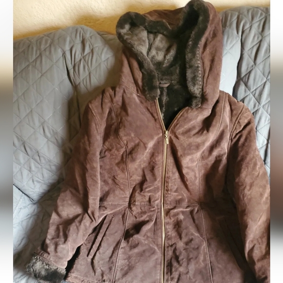 Gallery Brown Leather lined-fur Jacket Size Large - Picture 6 of 6